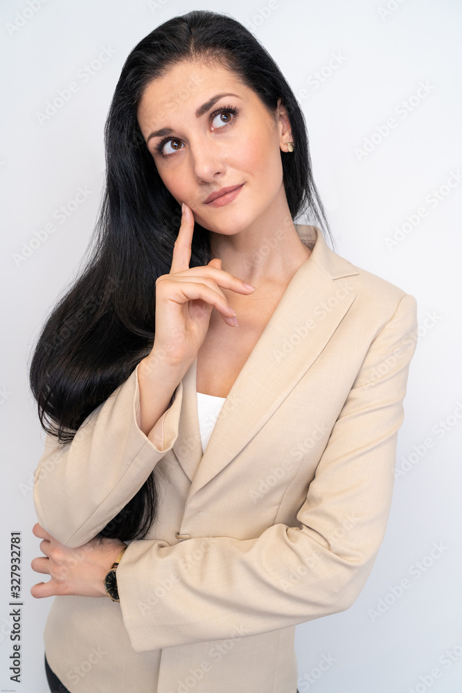 Portrait of young woman with finger pointing on her cheeks Portrait of young woman with finger pointing on her cheeks