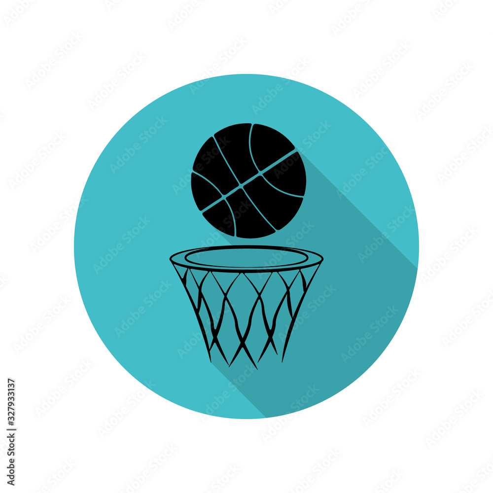 Basket ball and basket long shadow icon. Simple glyph, flat vector of arrow icons for ui and ux, website or mobile application