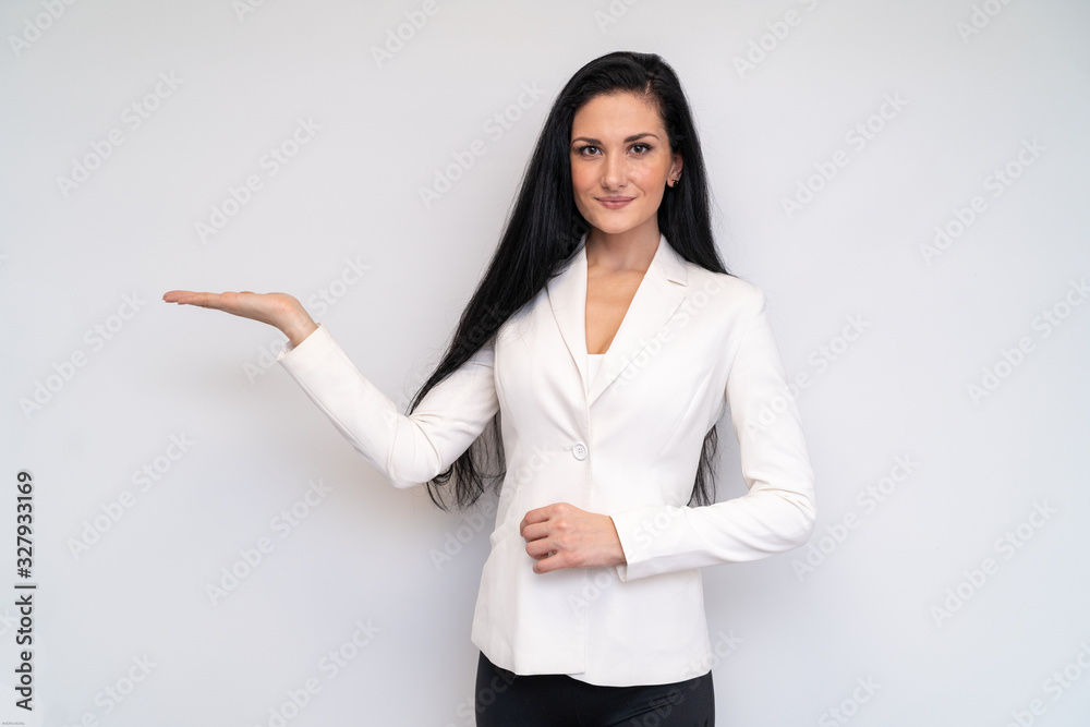 Confident business woman presentation with hands Confident business woman presentation with hands