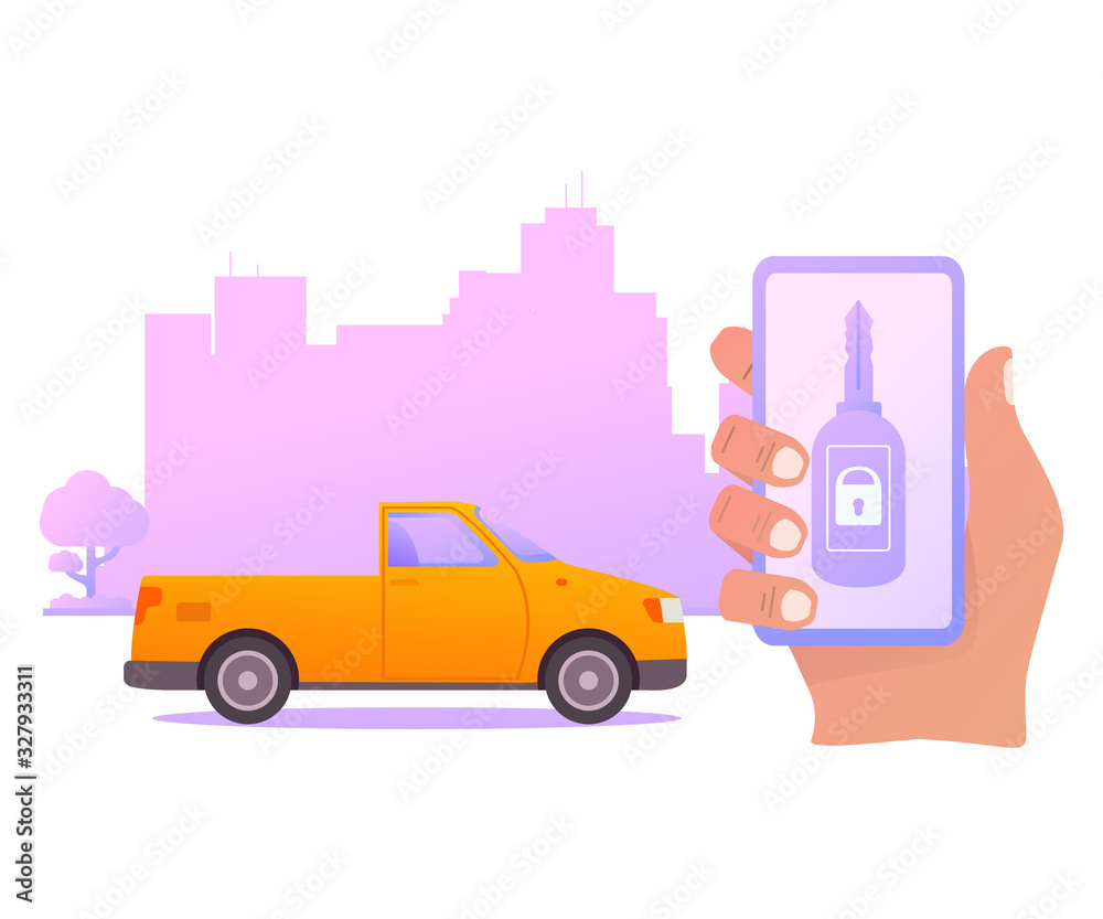 Smart car key security .The smartphone controls wireless auto.Vector illustration concept city skyline with skyscrapers.