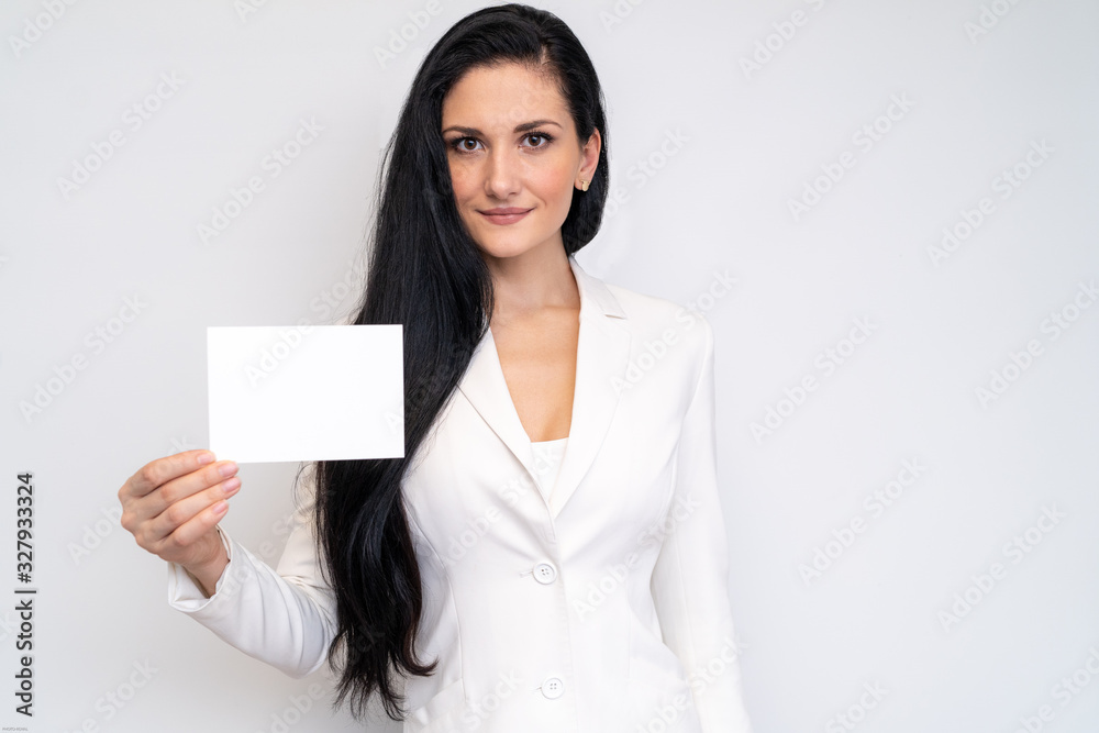 Woman presenting flyer business card promotion Woman presenting flyer business card promotion