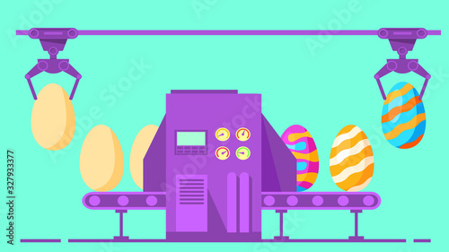 Easter eggs coloring conveyor. Flat festive vector illustration.