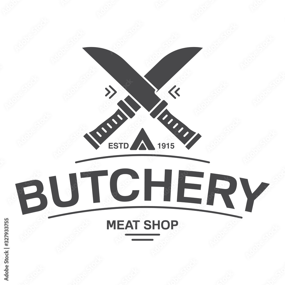 Emblem Butcher meat shop.Chefs knives crossed.Logo template for meat business.
