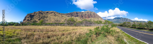  Panoramic view of a road and mountains in Oahu Hawaii