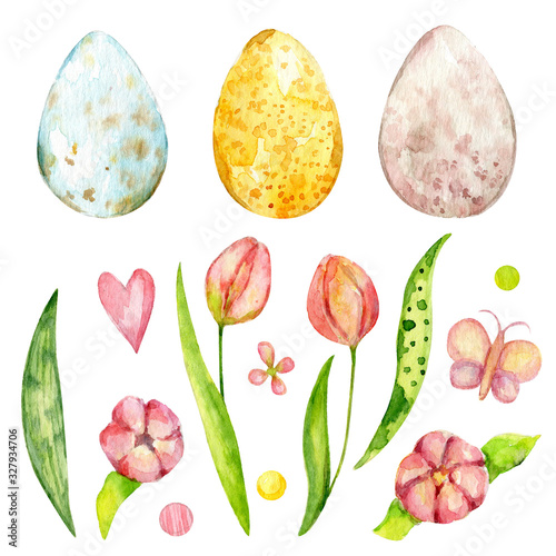 Fototapeta Naklejka Na Ścianę i Meble -  Watercolor set of easter elements. Hand drawn watercolor easter eggs and spring flowers. Cartoon tulips, hearts, leaves and pink butterfly. Isolated on the white background. Easter, Mothers day