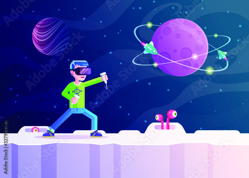 Boy playing VR space video game 
