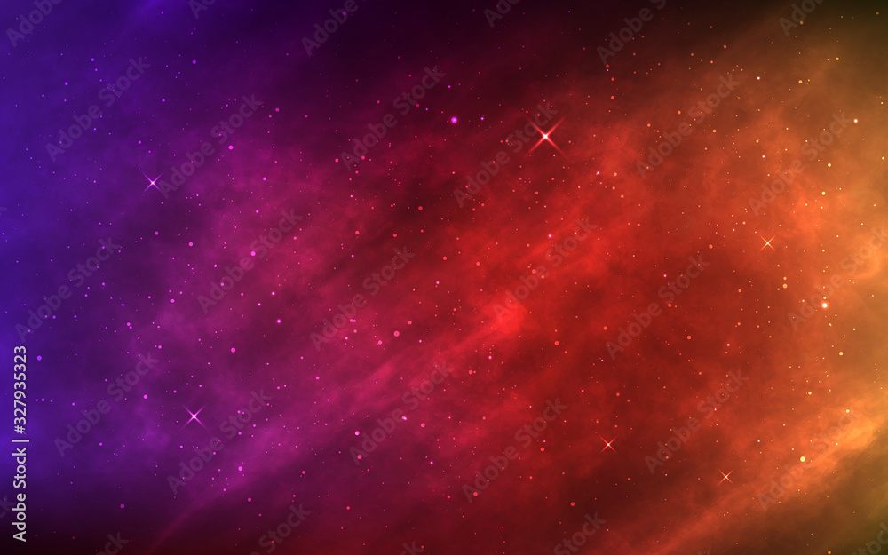 Space background. Realistic color nebula and shining stars. Futuristic cosmic backdrop. Bright cosmos with galaxy and milky way. Universe and stardust. Vector illustration