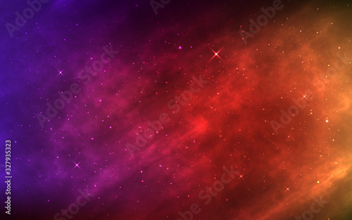Space background. Realistic color nebula and shining stars. Futuristic cosmic backdrop. Bright cosmos with galaxy and milky way. Universe and stardust. Vector illustration