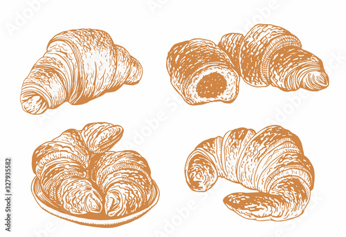 Graphical set of baked croissants isolated on white background,vector food illustration