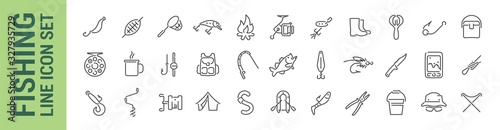 Fishing vector isolated line icon set. Fish boat lures