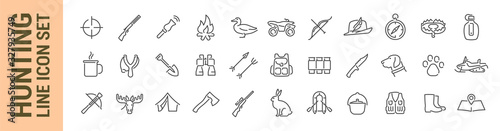 Hunting vector isolated line icon set. Weapons equipment & animals