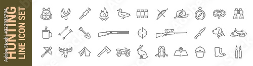 Hunting vector isolated line icon set. Rifle shotgun equipment & animals