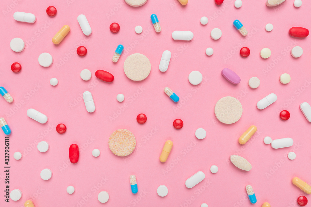 Variety of pills and tablets medicine flat lay top view Variety of pills and tablets medicine flat lay top view