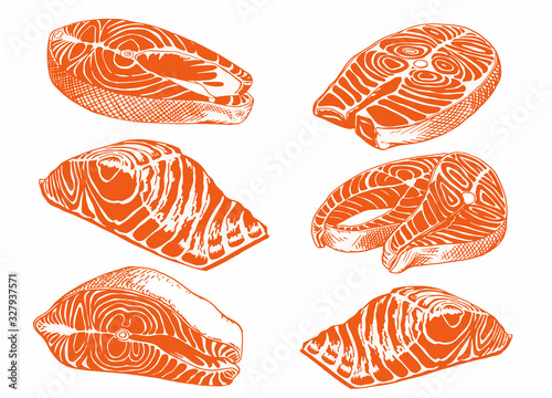 Graphical color set of salmon slices isolated on white, sea-food product, vector illustration