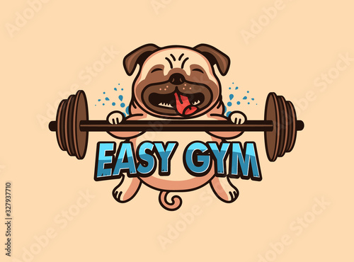 Sport logo and emblem. Easy gym badge, sticker, label on beige background isolated. Funny pug