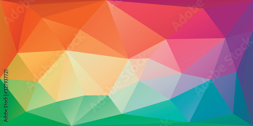 Polygonal triangular background in bright rainbow colors. Colorful banner template. Multicolor geometric backdrop in origami style. Vector eps8 illustration with irregular triangles.