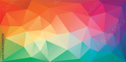 Polygonal triangular background in bright rainbow colors. Colorful banner template. Multicolor geometric backdrop in origami style. Vector eps8 illustration with irregular triangles.