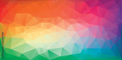 Polygonal triangular background in bright rainbow colors. Colorful banner template. Multicolor geometric backdrop in origami style. Vector eps8 illustration with irregular triangles.