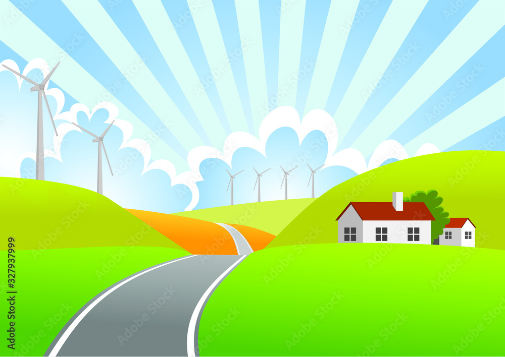 Wind Energy And Rural Landscape, Cartoon Illustrations