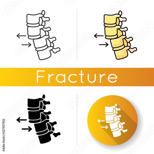Spine dislocation icon. Displacement of spinal vertebra. Accident. Spinal injury. Healthcare. Trauma treatment. Medical condition. Linear black and RGB color styles. Isolated vector illustrations