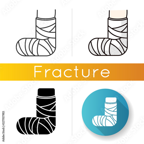 Broken foot icon. Bone fracture. Injured leg in plaster, bandage. Amputated limb. Trauma treatment. Hurt joint. Medical condition. Linear black and RGB color styles. Isolated vector illustrations