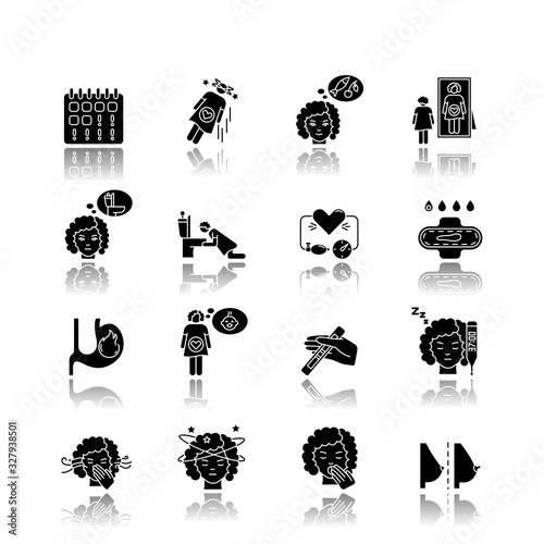 Early pregnancy symptom drop shadow black glyph icons set. Family planning. Woman feeling expectant of baby. Maternity and motherhood. Missed period. Isolated vector illustrations on white space