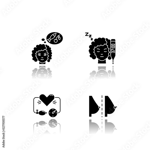 Early pregnancy symptom drop shadow black glyph icons set. Food craving. Raised basal temperature. Breast and nipple change. Pregnant woman feeling sick. Isolated vector illustrations on white space