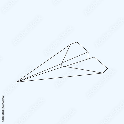 Paper plane flat line icon isolated on light blue background. Contour symbol of a papercraft origami airplane. Vector eps8 linear illustration.