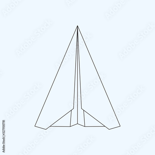 Paper plane flat line icon isolated on light blue background. Contour symbol of a papercraft origami airplane. Vector eps8 linear illustration.