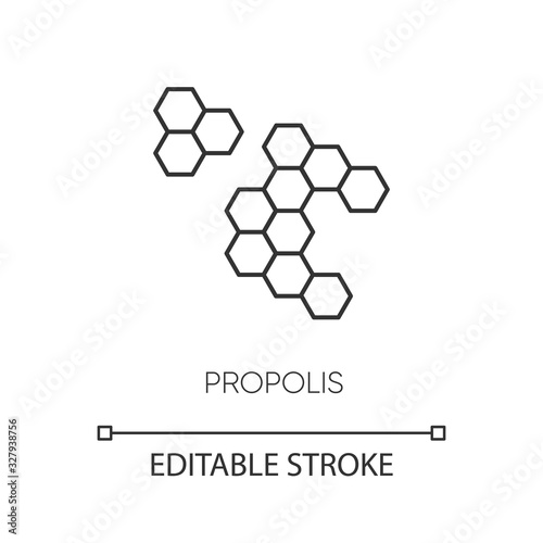 Propolis pixel perfect linear icon. Honey combs. Hive cell. Acne treatment component. Thin line customizable illustration. Contour symbol. Vector isolated outline drawing. Editable stroke