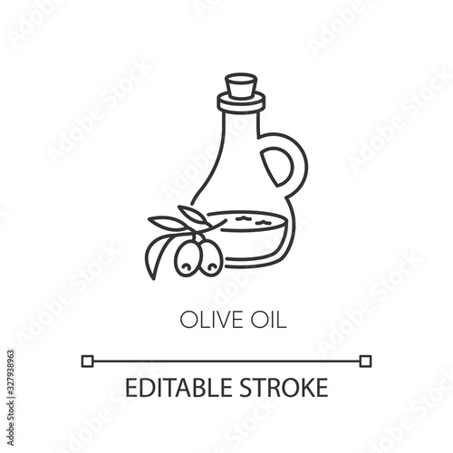 Olive oil pixel perfect linear icon. Vegan component. Food seasoning. Extra virgin oil. Thin line customizable illustration. Contour symbol. Vector isolated outline drawing. Editable stroke