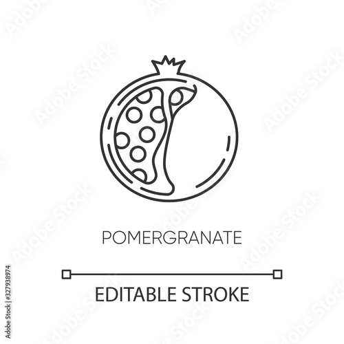 Pomegranate pixel perfect linear icon. Sliced fruit with seeds. Nourishing component. Thin line customizable illustration. Contour symbol. Vector isolated outline drawing. Editable stroke