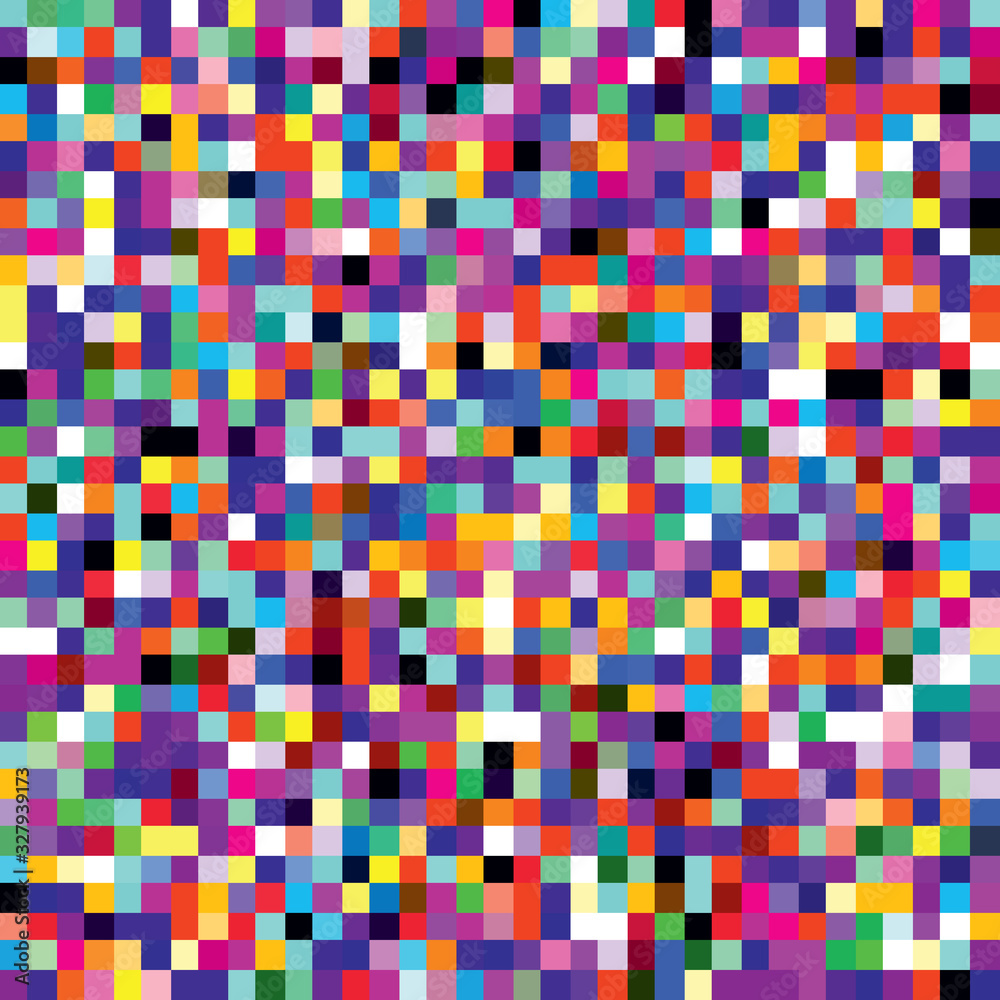 Colorful pixel mosaic seamless pattern. Repeating texture with multiple colors square dots. Retro 8-bit video game style geometric vector background. Vector illustration in EPS8.