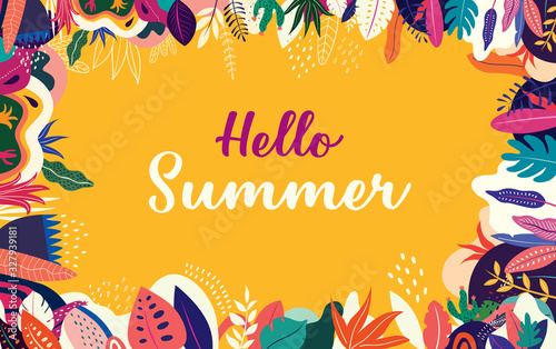 Hello Summer card. Summer illustration with tropical leaves and flowers