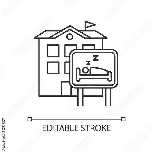 Hotel pixel perfect linear icon. Hostel, inn. Motel building. Sleeping accommodation services. Thin line customizable illustration. Contour symbol. Vector isolated outline drawing. Editable stroke