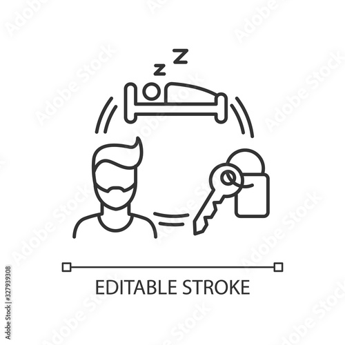 Renting hotel room for short term pixel perfect linear icon. Housing facility. Rental service. Thin line customizable illustration. Contour symbol. Vector isolated outline drawing. Editable stroke