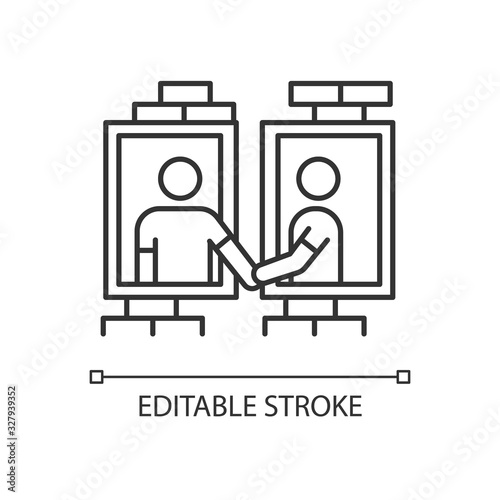 Neighbors in window frames pixel perfect linear icon. Dormitory mates relationship. Dormmates. Thin line customizable illustration. Contour symbol. Vector isolated outline drawing. Editable stroke