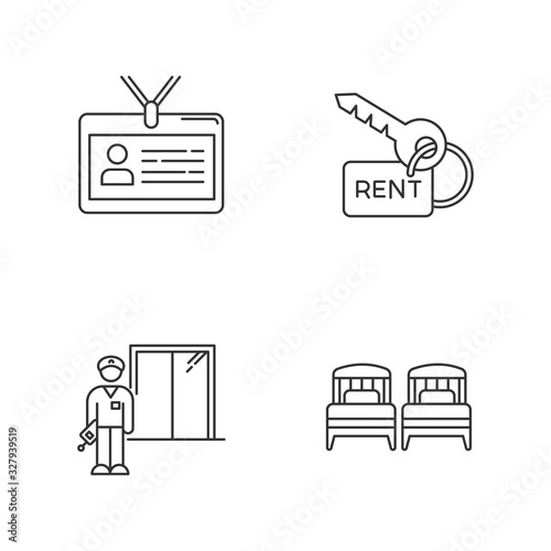 Renting hotel room pixel perfect linear icons set. Single beds. Apartment key. Rental service. Customizable thin line contour symbols. Isolated vector outline illustrations. Editable stroke