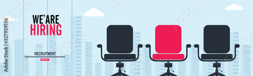 Office Worker Hiring Poster design, We're hiring flat illustration background. - Vector Workplace with a computer in the office.
