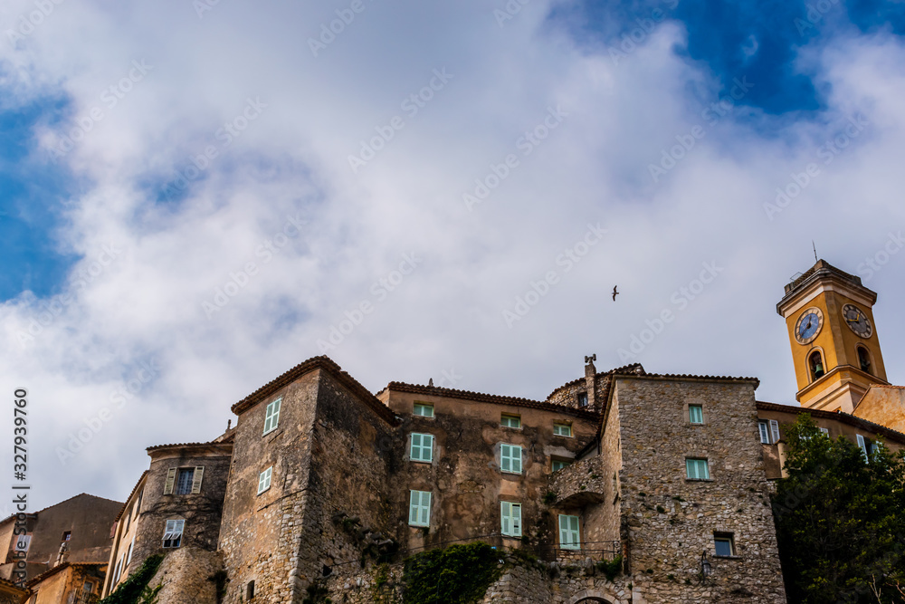 The panoramic view of the medieval fortifications of Èze old town (Côte d'Azur, France)