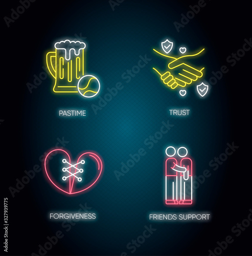 Best friends neon light icons set. Signs with outer glowing effect. Strong interpersonal bond, friendship. Pastime, trust, forgiveness and friends support. Vector isolated RGB color illustrations