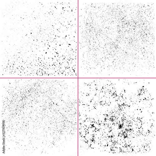 Four black grit, grime, dirty, speckle vector elements. Subtle grain textures.