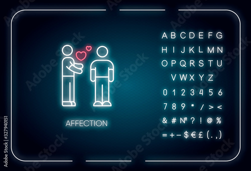 Affection neon light icon. Outer glowing effect. Sign with alphabet, numbers and symbols. Romantic feelings, love, amorous relationship. Valentine day. Vector isolated RGB color illustration