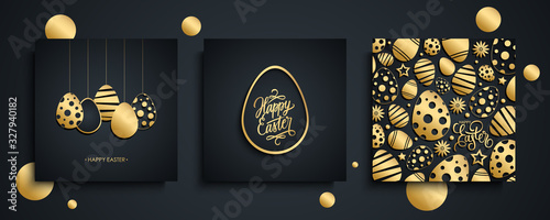 Happy Easter luxury greeting cards set. Easter holiday invitations templates collection with hand drawn lettering and gold easter eggs. Vector illustration.