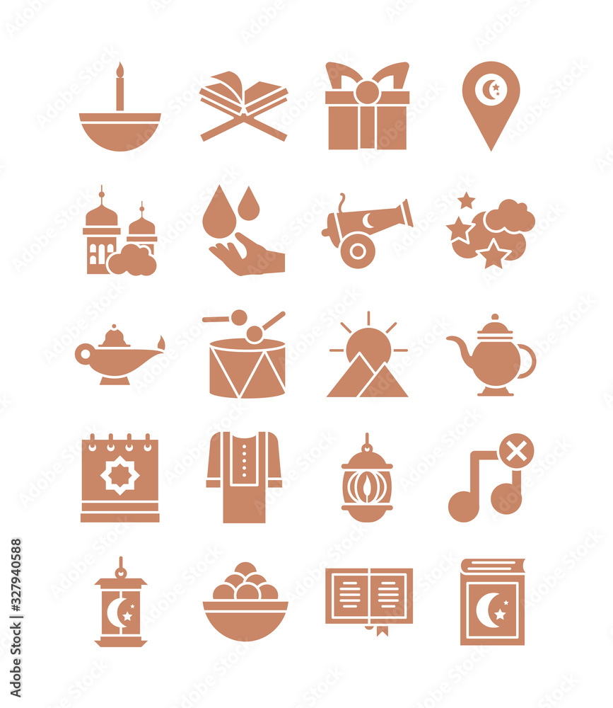mountains and sun and ramadan icons set, silhouette style mountains and sun and ramadan icons set, silhouette style