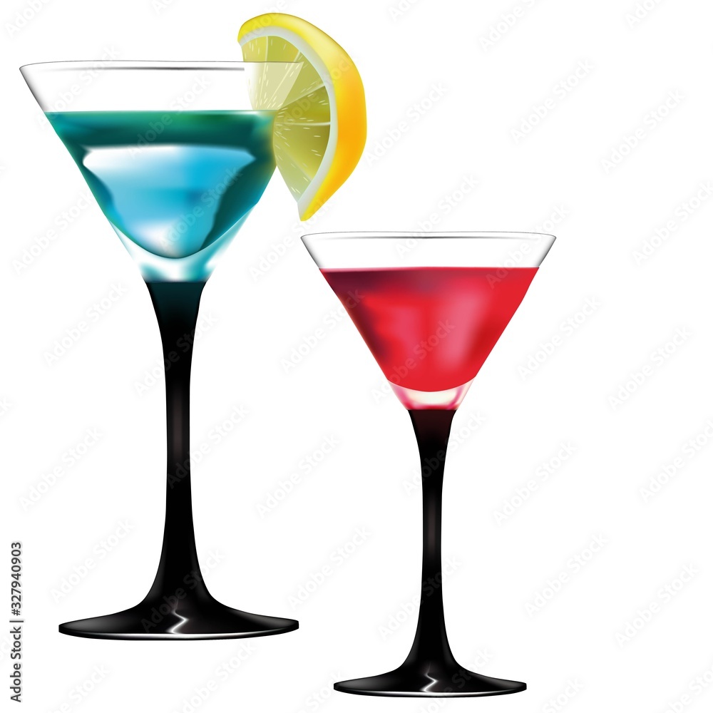 Two glasses with a red and blue cocktail on a white background.