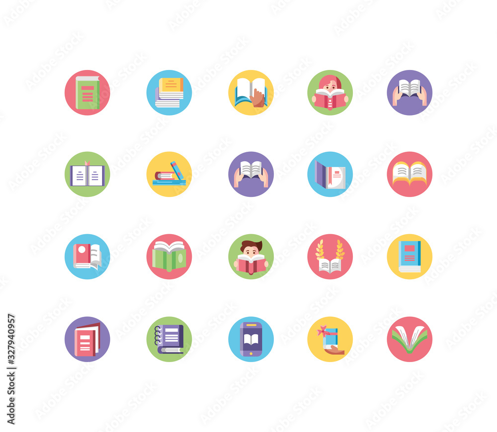 academic books and notebook icon set, block style academic books and notebook icon set, block style