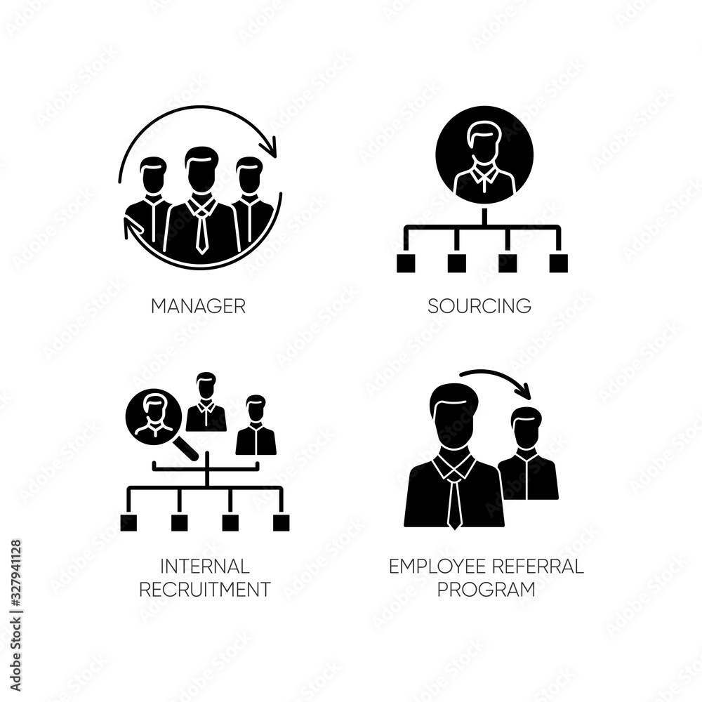 Executive search black glyph icons set on white space. Manager, sourcing, internal recruitment and employee referral program silhouette symbols. Headhunting strategies. Vector isolated illustrations Executive search black glyph icons set on white space. Manager, sourcing, internal recruitment and employee referral program silhouette symbols. Headhunting strategies. Vector isolated illustrations