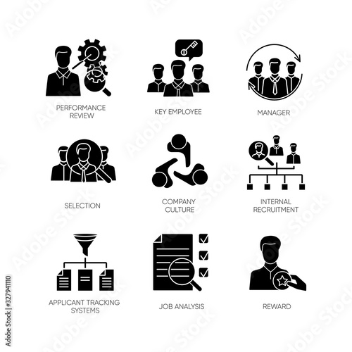 Recruitment black glyph icons set on white space. Executive search, professional headhunting silhouette symbols. Corporate employees search, staff hiring. Vector isolated illustrations