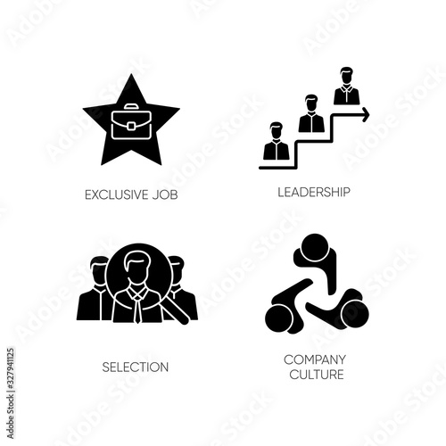 Business employment black glyph icons set on white space. Exclusive job, leadership, selection and company culture silhouette symbols. Executive search, recruitment. Vector isolated illustrations